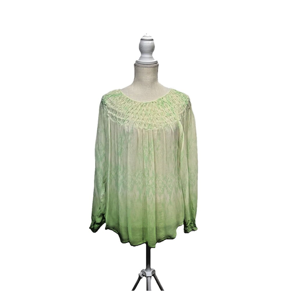 Sundance Green Silk Chiffon Smocked Ombre Sheer Boho Blouse Top Large Flowy - Picture 2 of 12